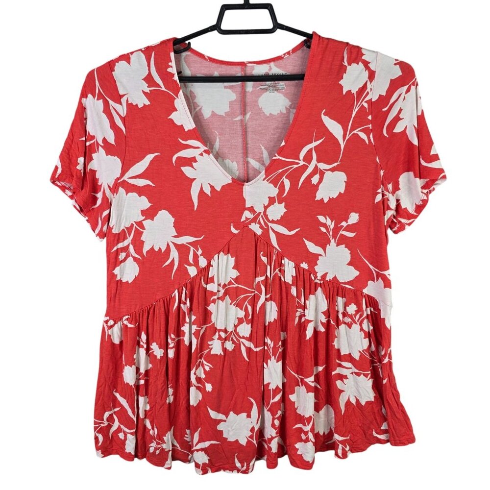 Womens Lane Bryant Red & White Floral Print Swing Tee Blouse Ruffle Hem 14/16